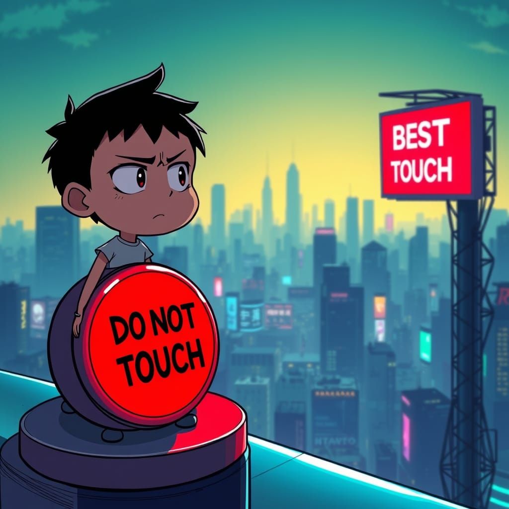 Cartoon Character Hesitates Before Pressing 'DO NOT TOUCH' B...