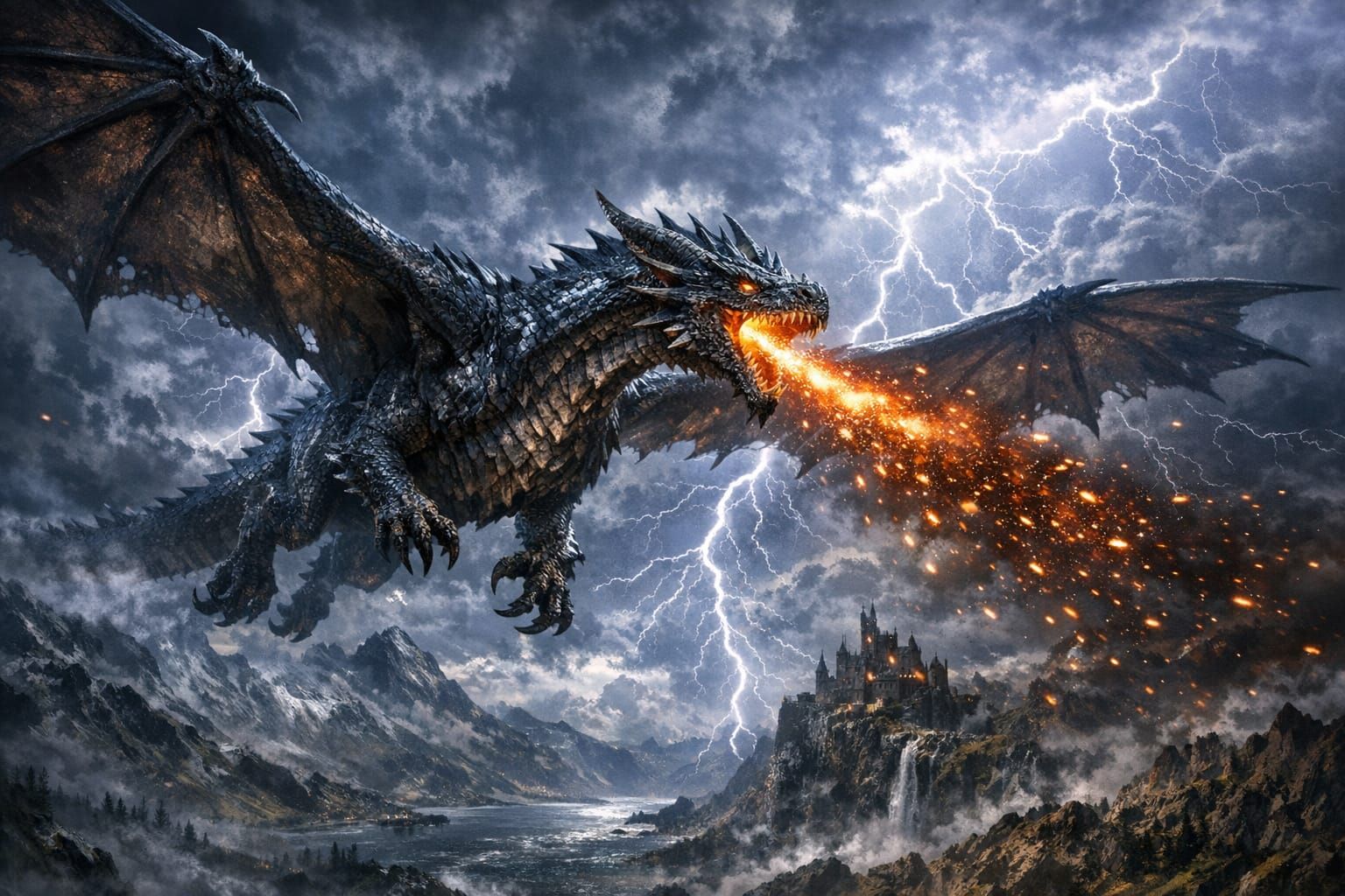 Majestic Dragon Soaring Through Stormy Sky with Lightning