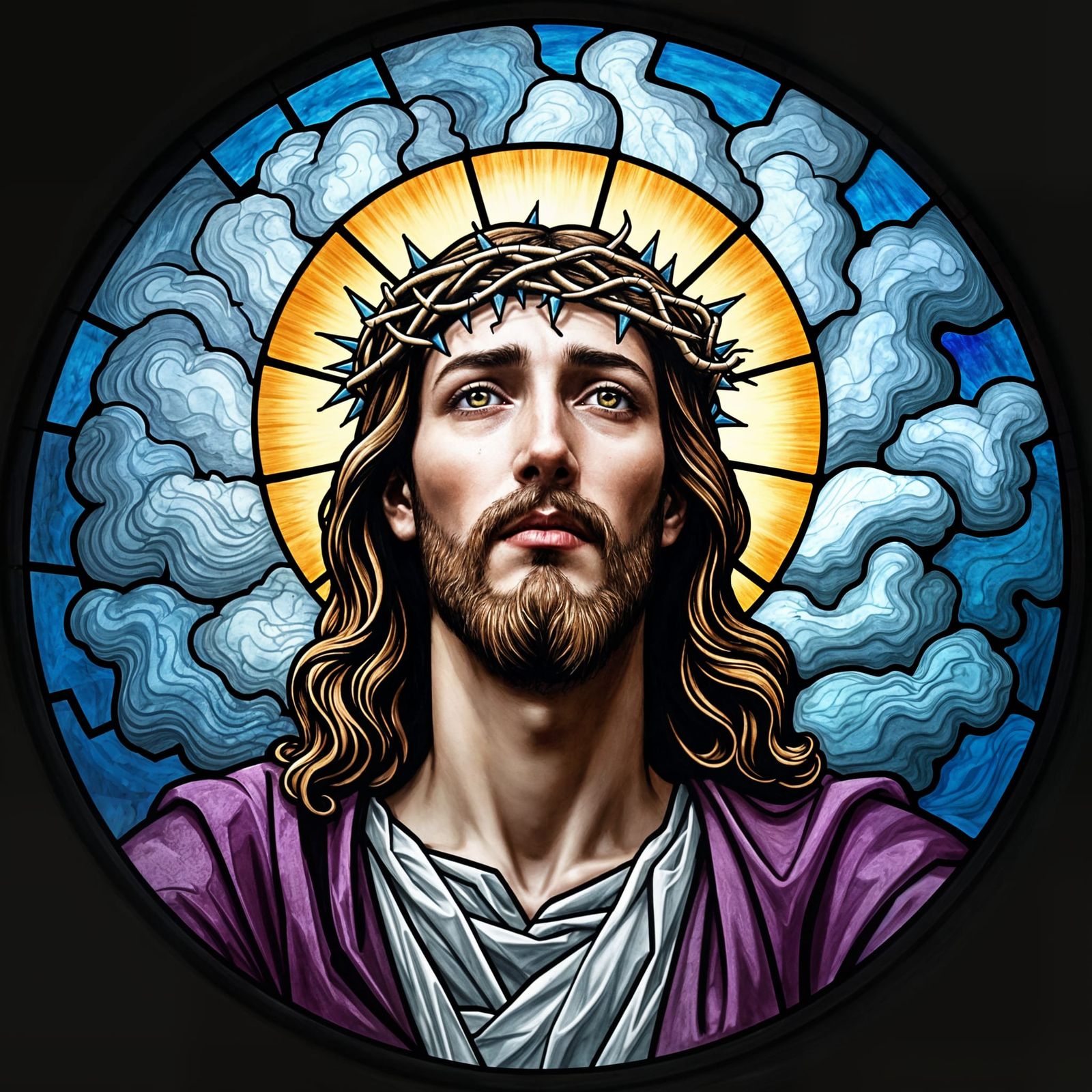 Majestic Stained Glass Depiction of Jesus in Regal Purple Ro...
