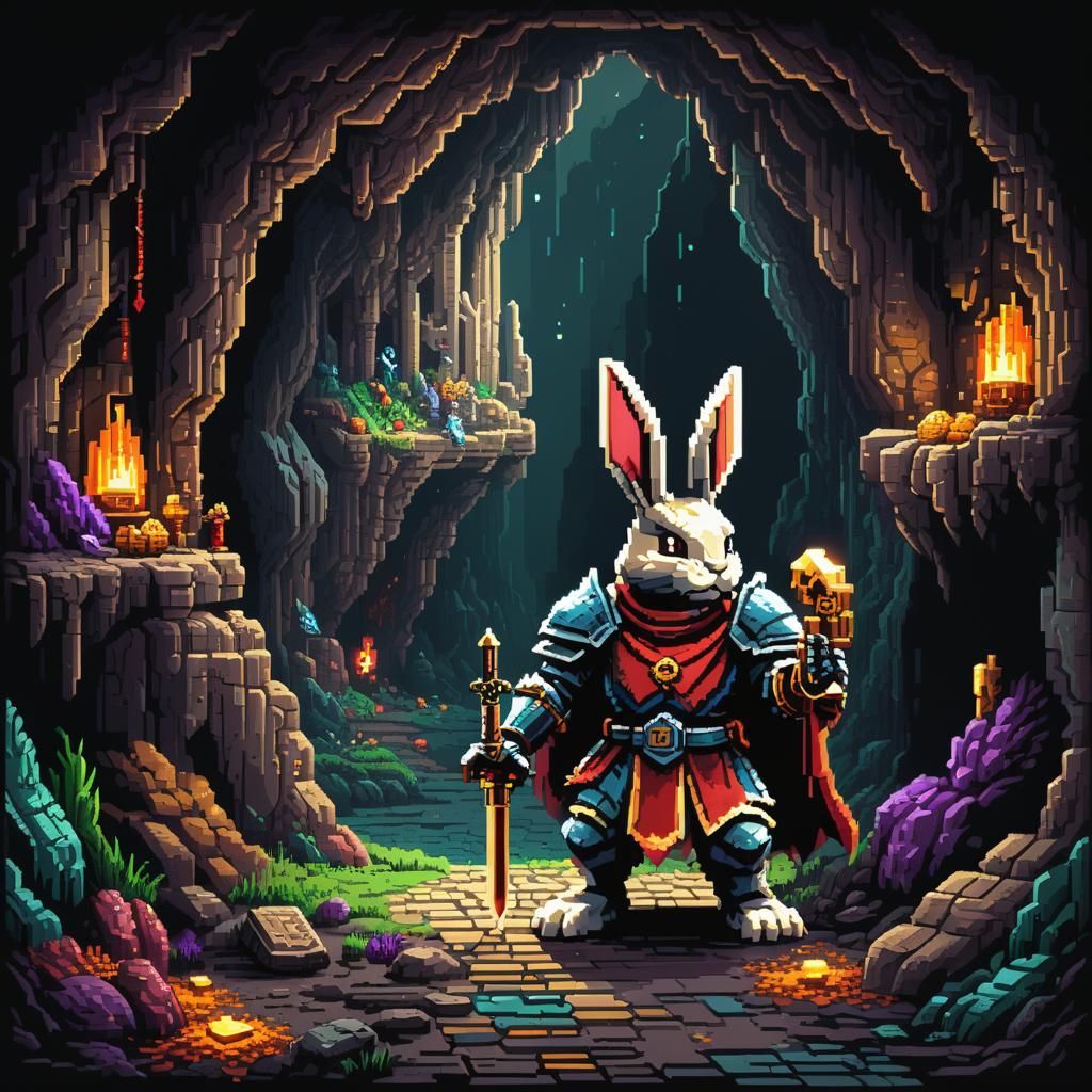 Rabbit Knight and Dragon: 8-Bit Pixel Art Cave