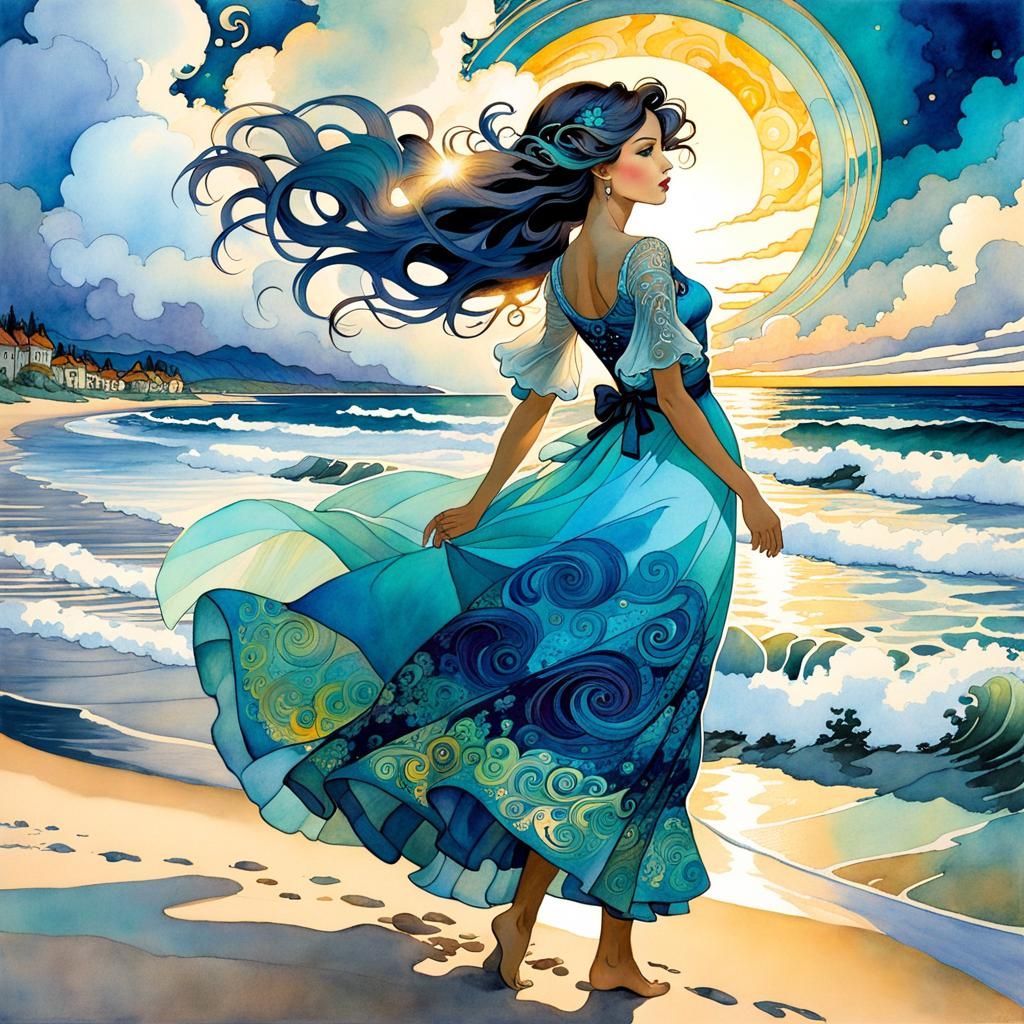 Ethereal Dreamscape: Woman at Shore in Watercolor