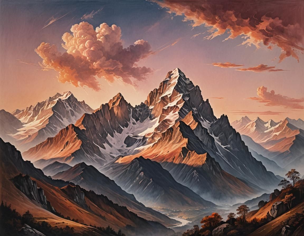 Majestic Mountain Range in Chiaroscuro Oil Painting