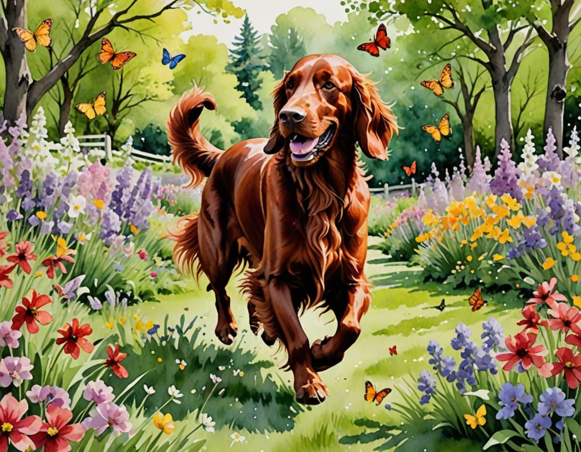Irish Setter in Spring Garden: Watercolor Painting