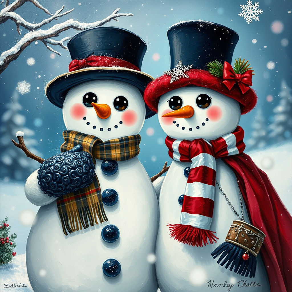 Festive Snowmen in Whimsical Folk Art Style