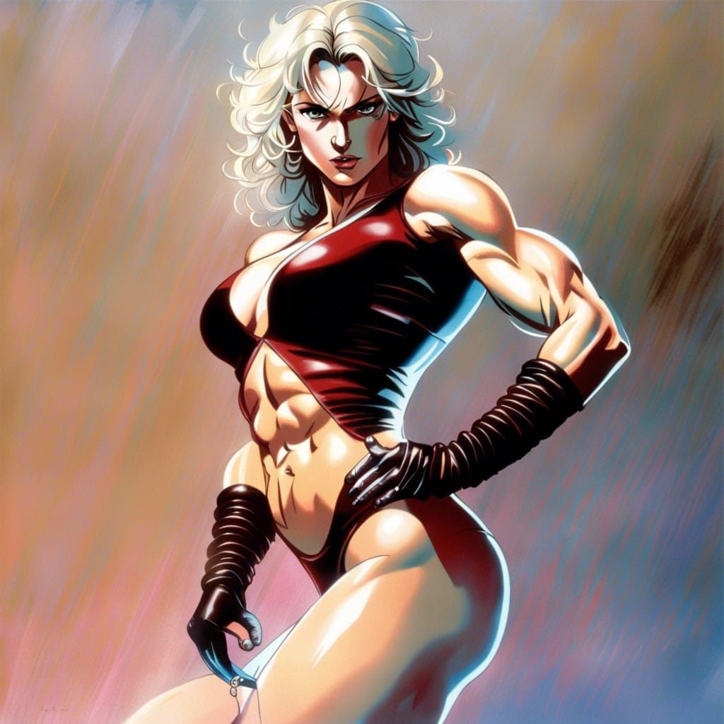 Female Bodybuilder in Blue Corset, 80s Anime Style