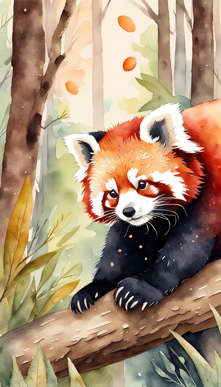 Red Panda Plays in Forest, Watercolor Illustration