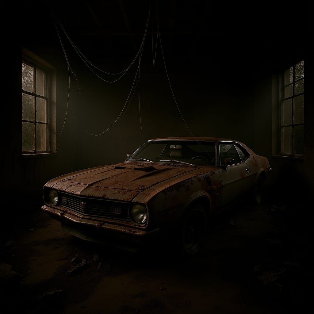 Abandoned Rusted Muscle Car in Gritty Garage