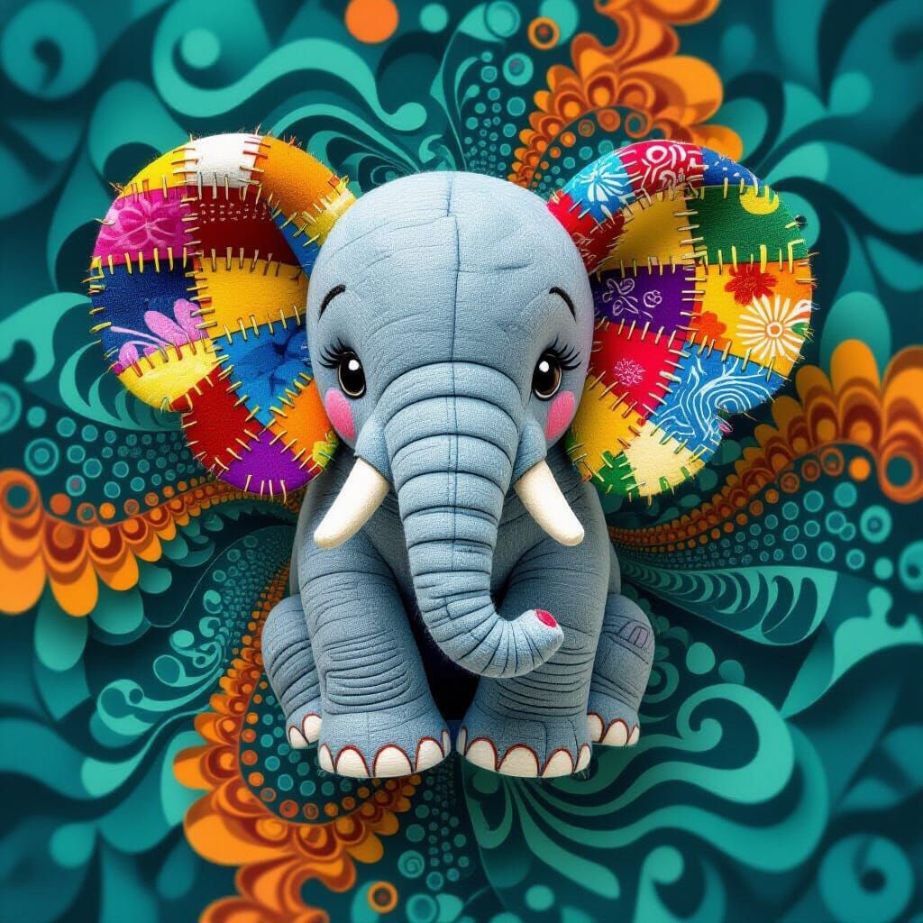 Patchwork Felt Elephant with Abstract Fractal Background