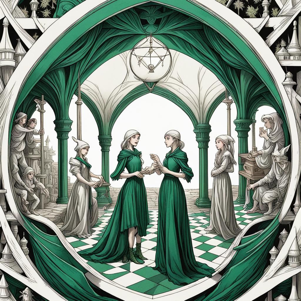 Enchanting elves elegantly explore enchanted emerald realms Escher