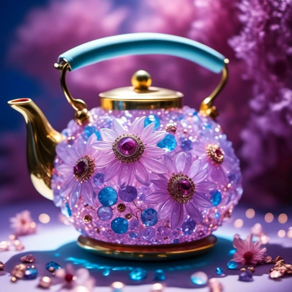 Crystal Tea Kettle with Pink Flowers, Professional Photograp...