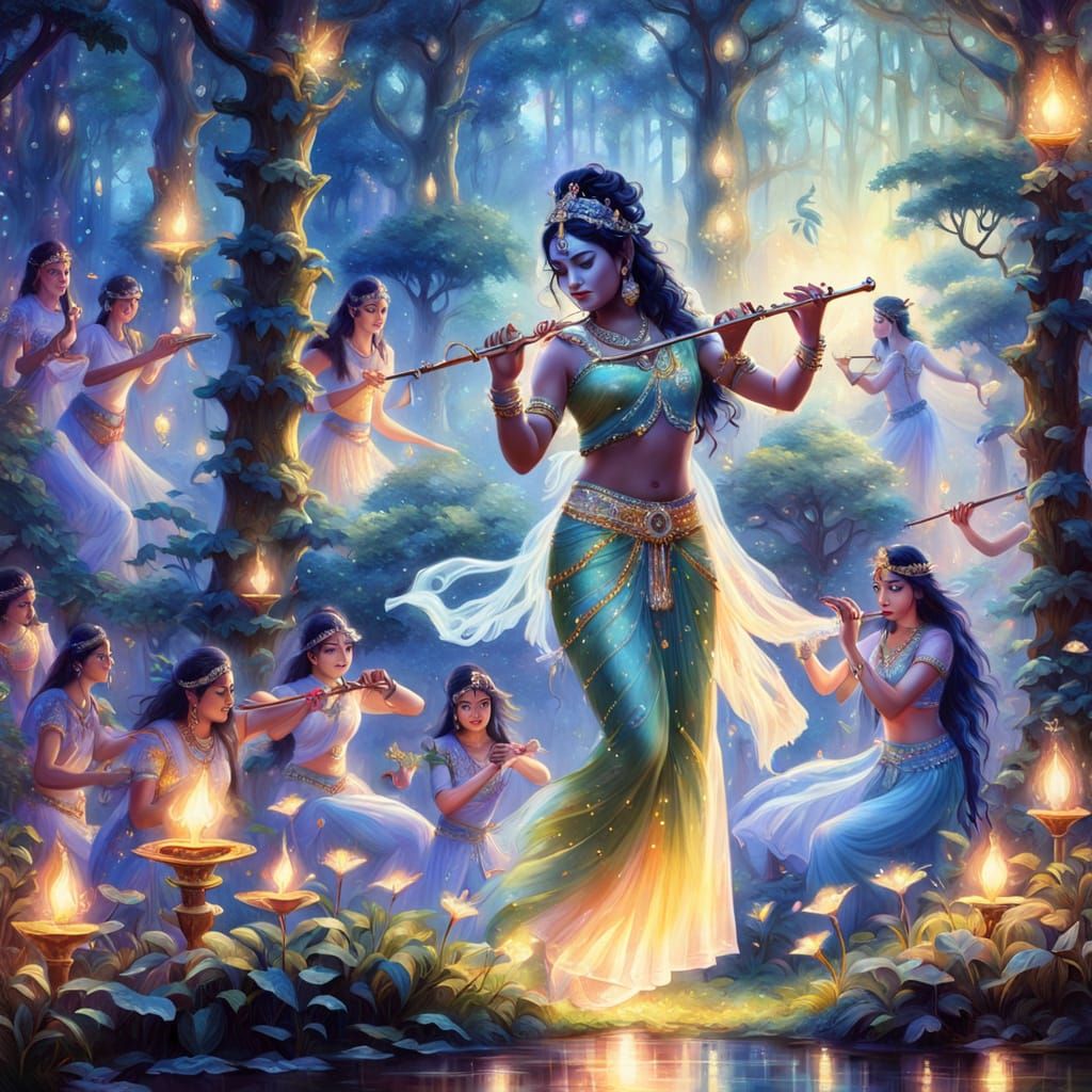 Krishna's Enchanted Forest Dance: Mystical Oil Painting