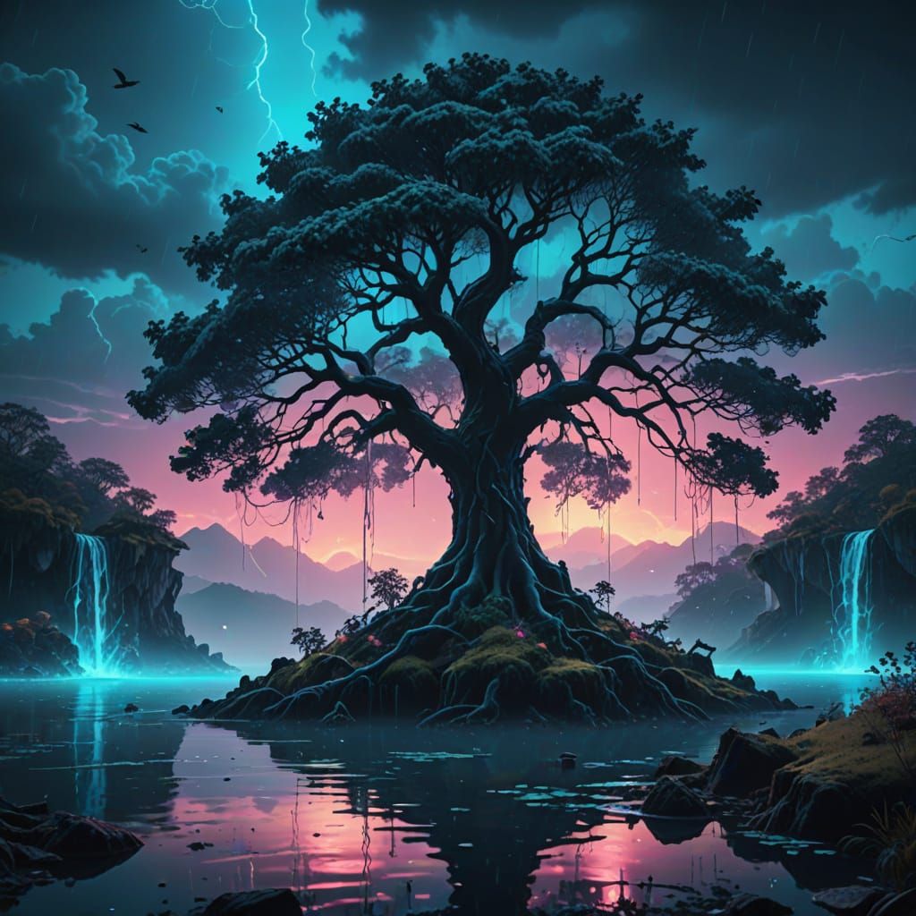 Dreamlike Fantasy Island with Tall Oak Trees and Neon Blue L...
