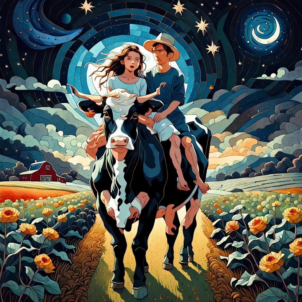 cute couple farm riding a cow together with romantic vibes