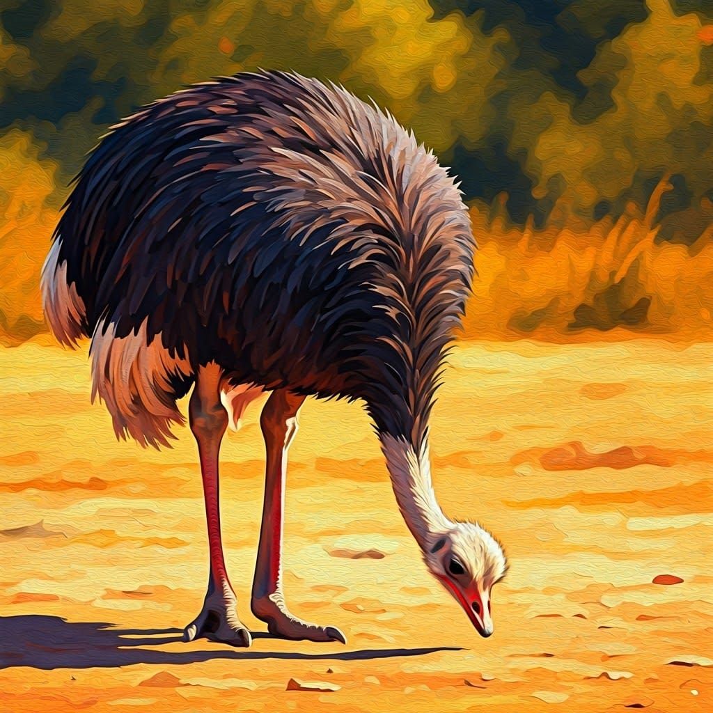 Ostrich Buries Head in Vibrant Savannah Landscape