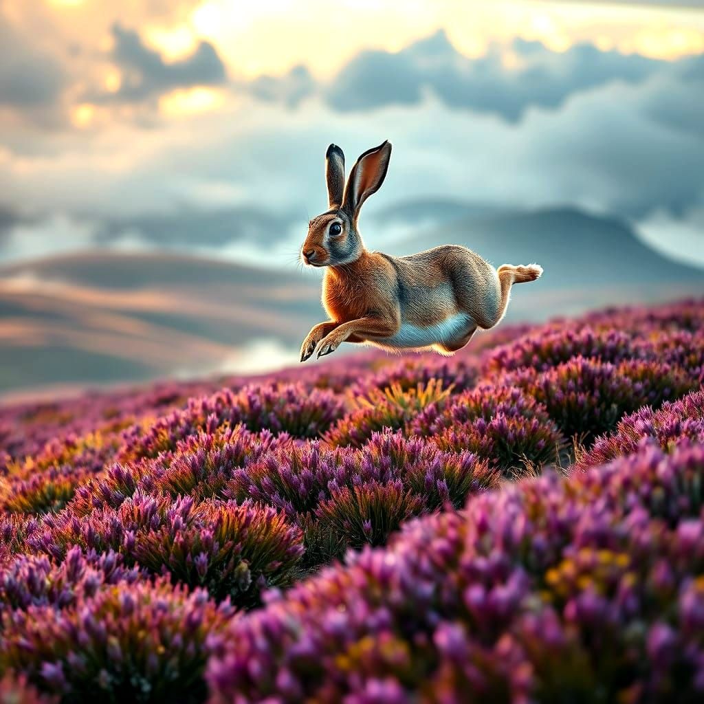 Majestic Hare in Hyper-Realistic Heather Landscape