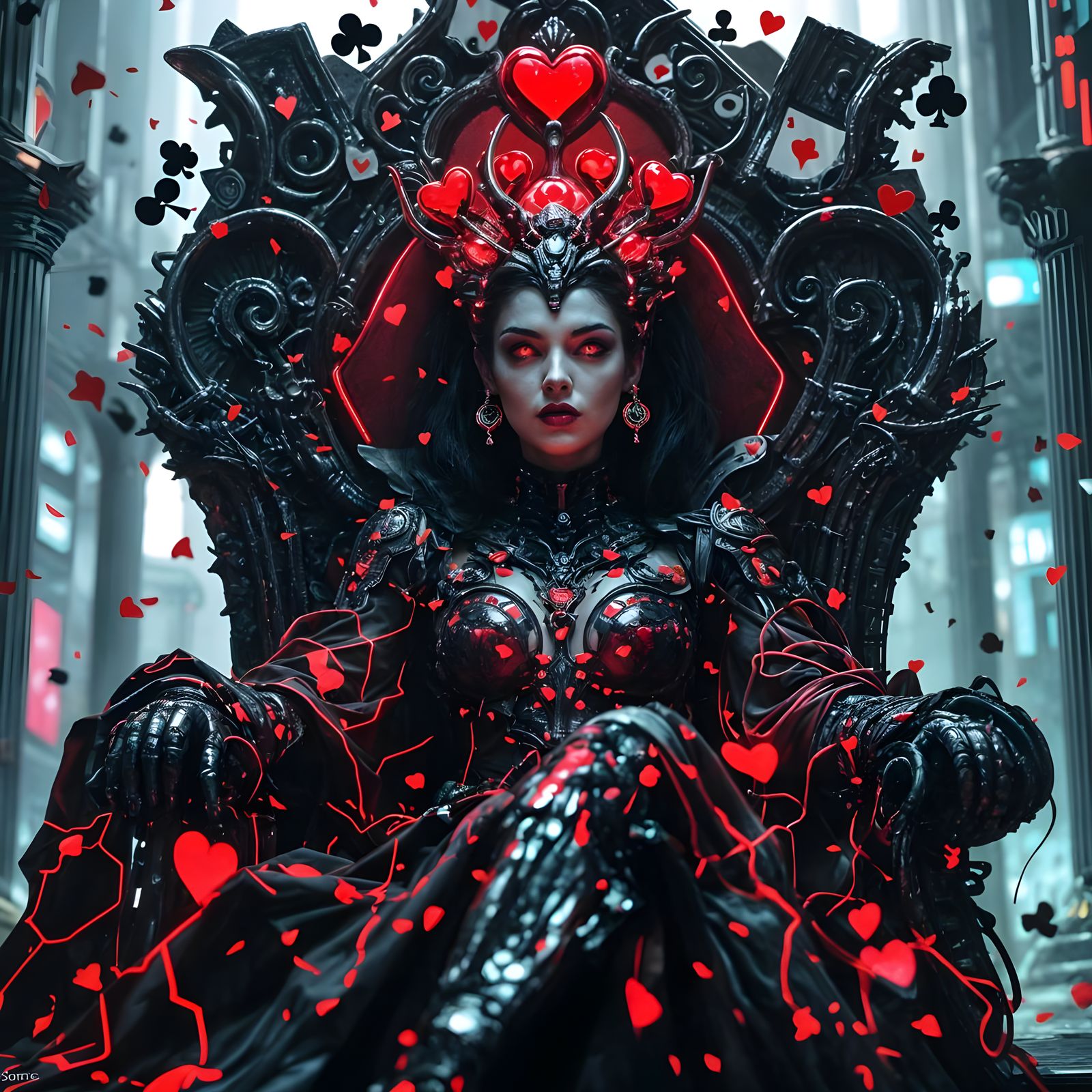 Cybernetic Queen of Hearts in Neon Gothic Metropolis