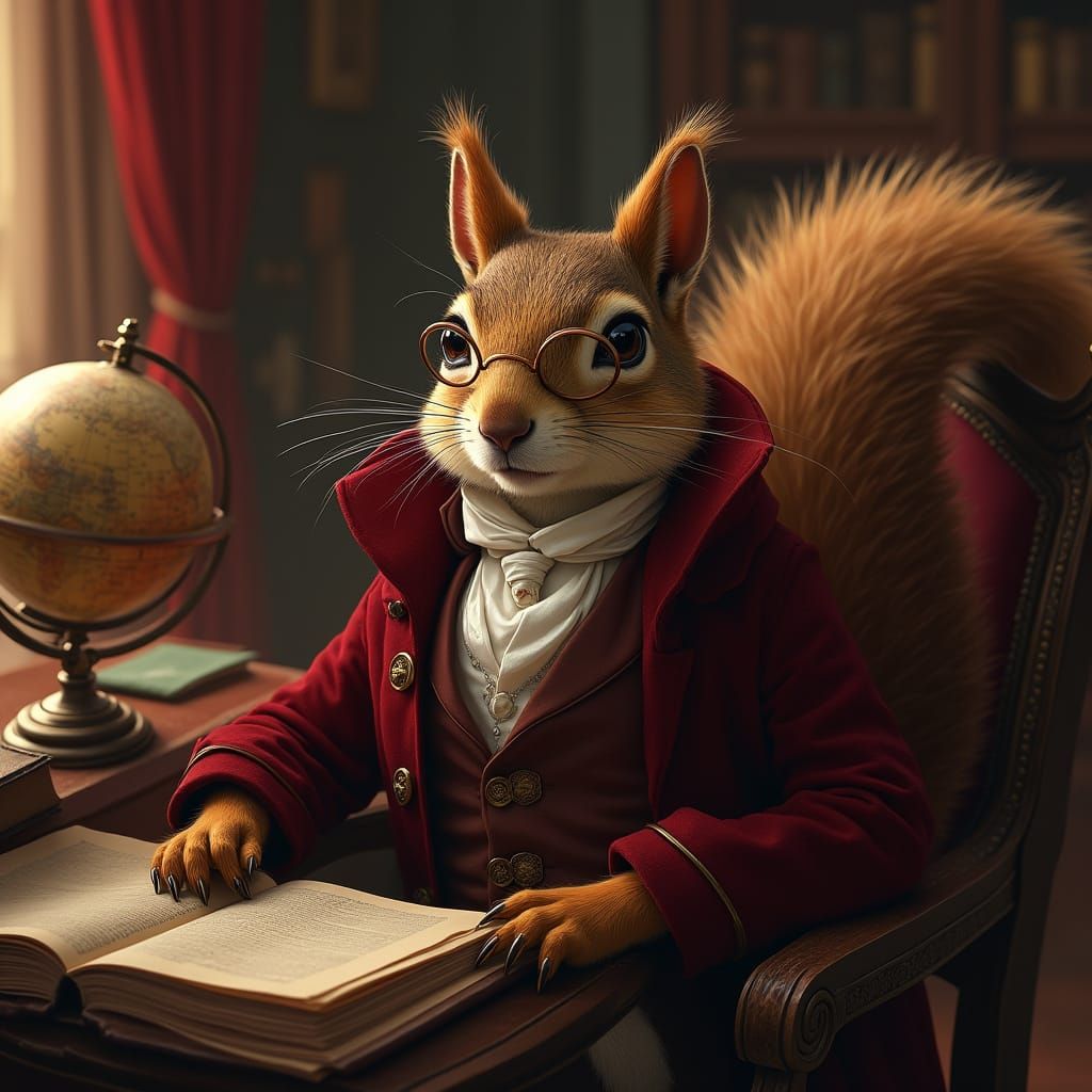 Regal Squirrel in Velvet Smoking Jacket, a Whimsical Fantasy...