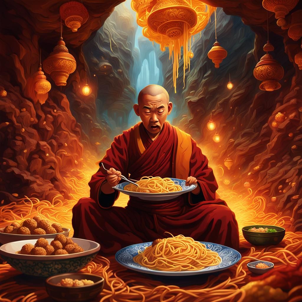 Monk Eats Spaghetti: Hyperrealistic Concept Art
