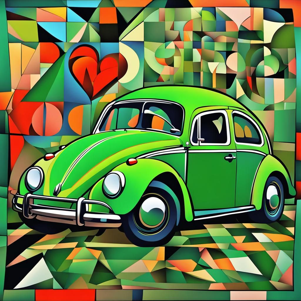 Green VW Beetle with Hearts in Cubist Style