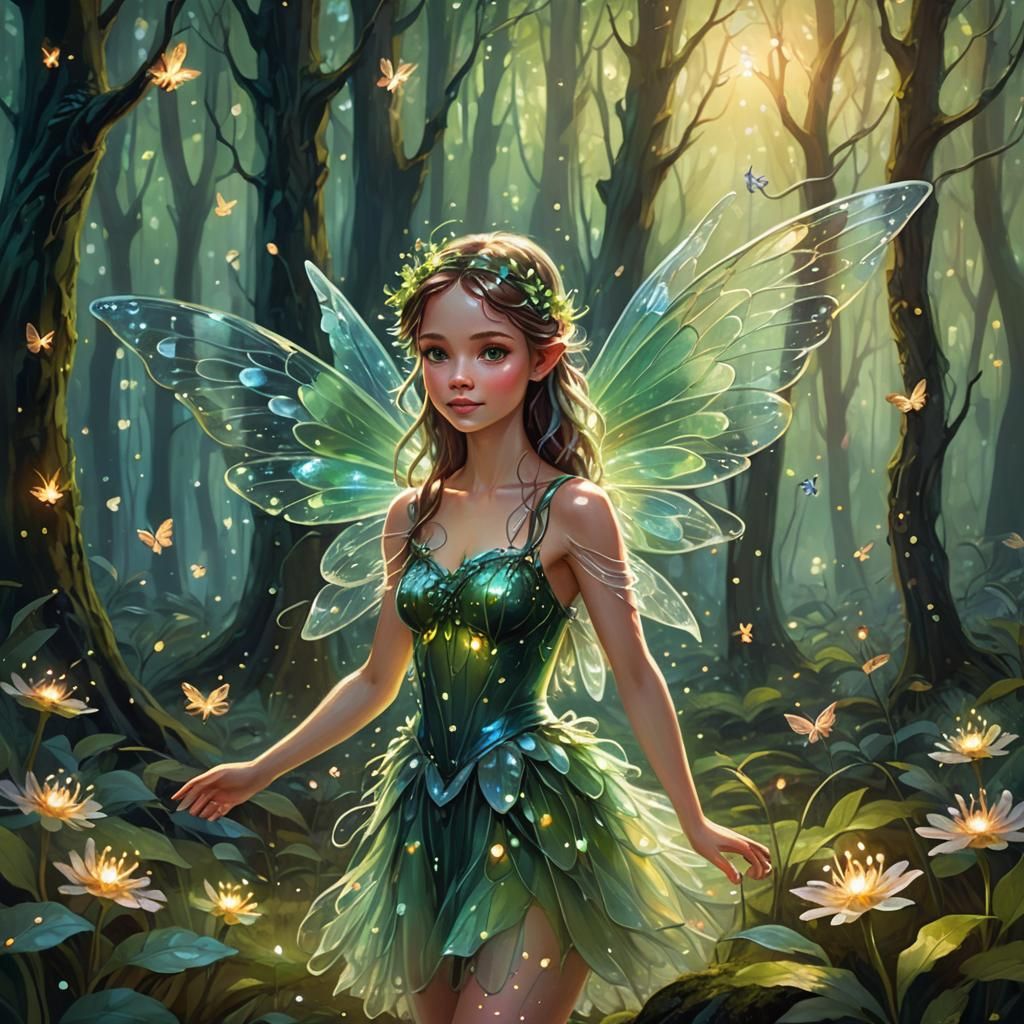 Enchanting Fairy in Mystical Forest as Oil Painting