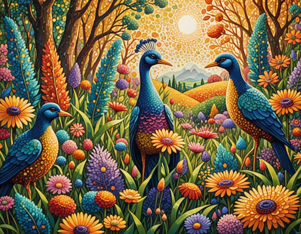 Vibrant Pointillist Masterpiece of Whimsical Creatures