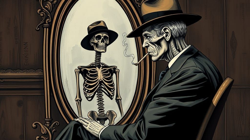 Surrealist Man Contemplates Dark Self in Vintage Mirror