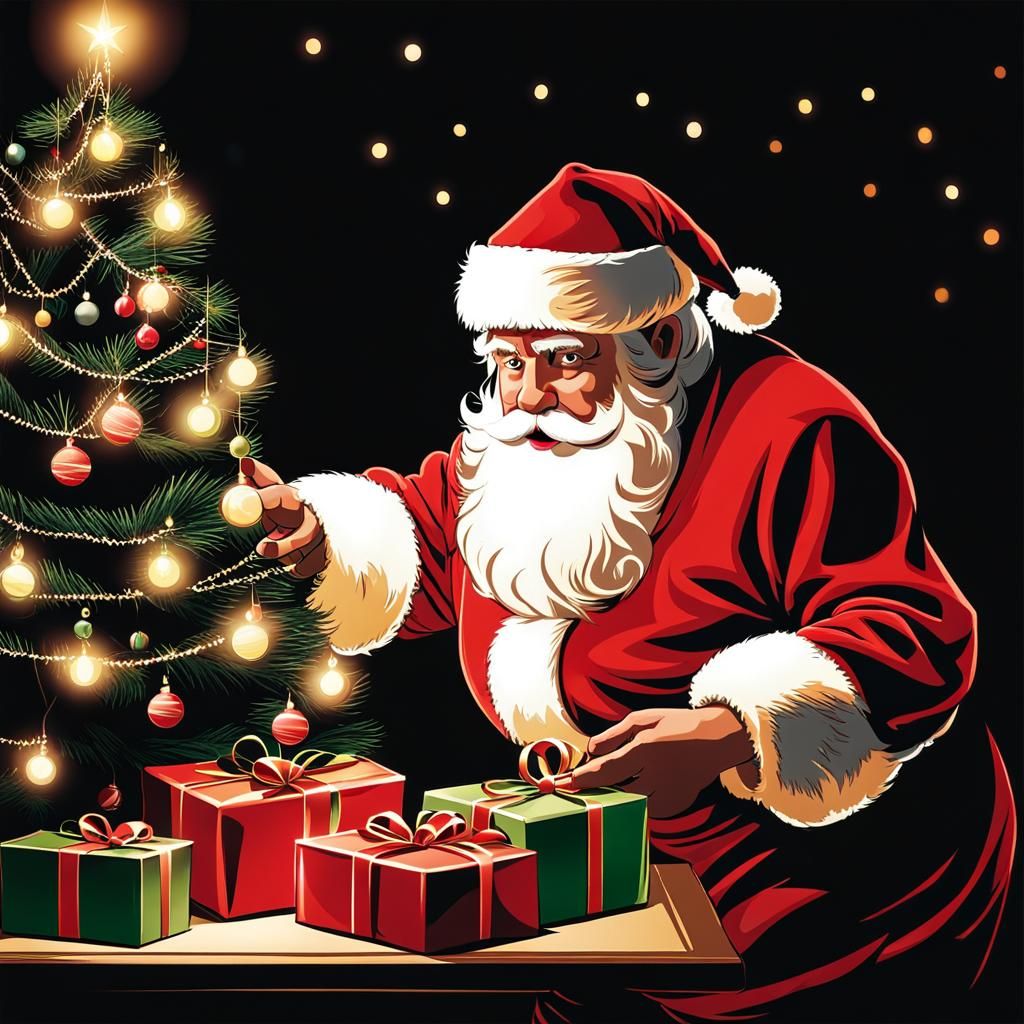 Santa Claus Delivering Christmas Presents by Candlelight