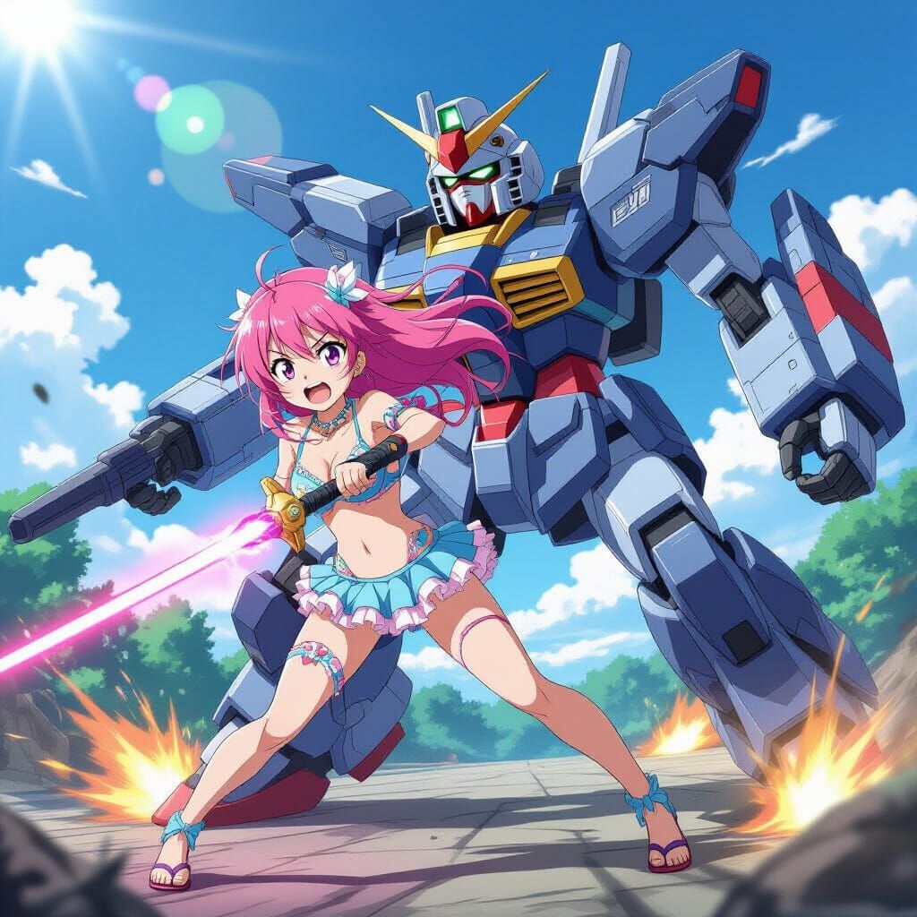 Anime Girl Battles Giant Robot in Bikini