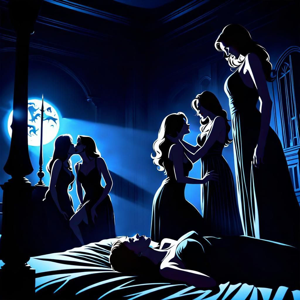 Sensual Vampire Kiss in Gothic Film Noir Style