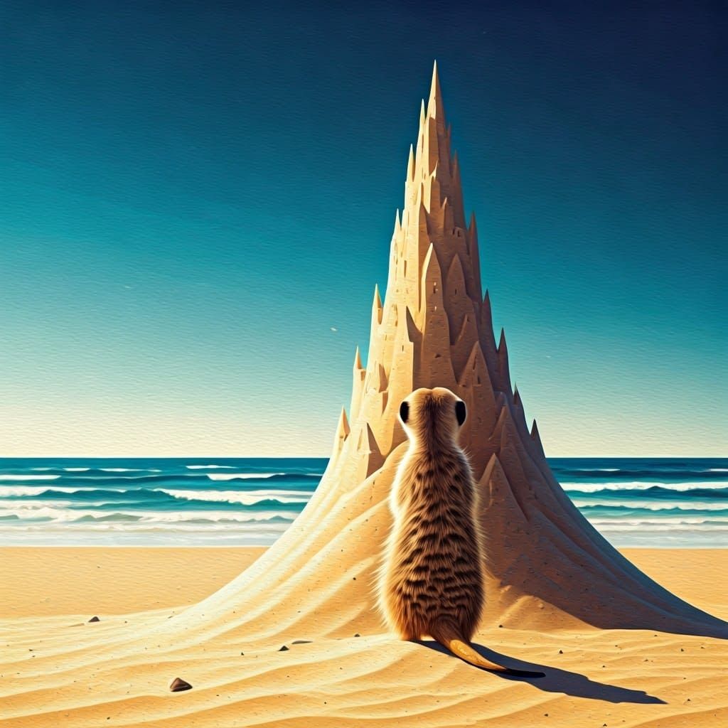 Meerkat Contemplates Sandcastle: Expressionist Comic Art