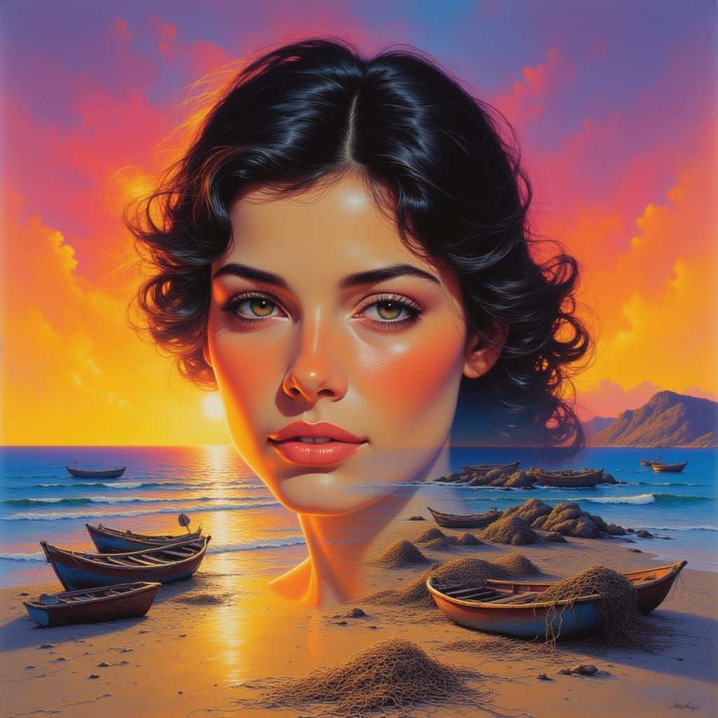<lora:Widow of the Waves:1.0>A detailed and intricate 1970s pop art oil painting by James Gurney, featuring a double-exp...