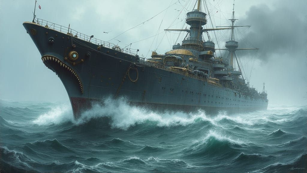 Steampunk Shark Battleship in Stormy Seas