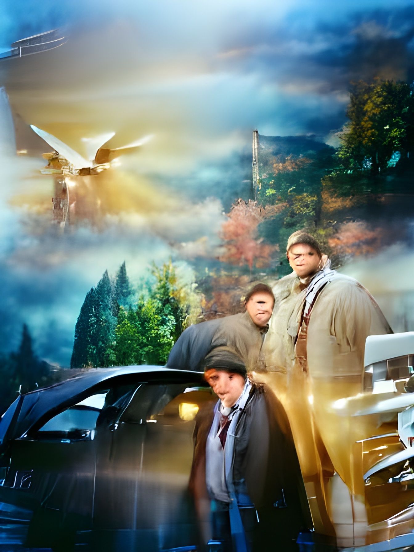 Three Figures in Dimly Lit Room