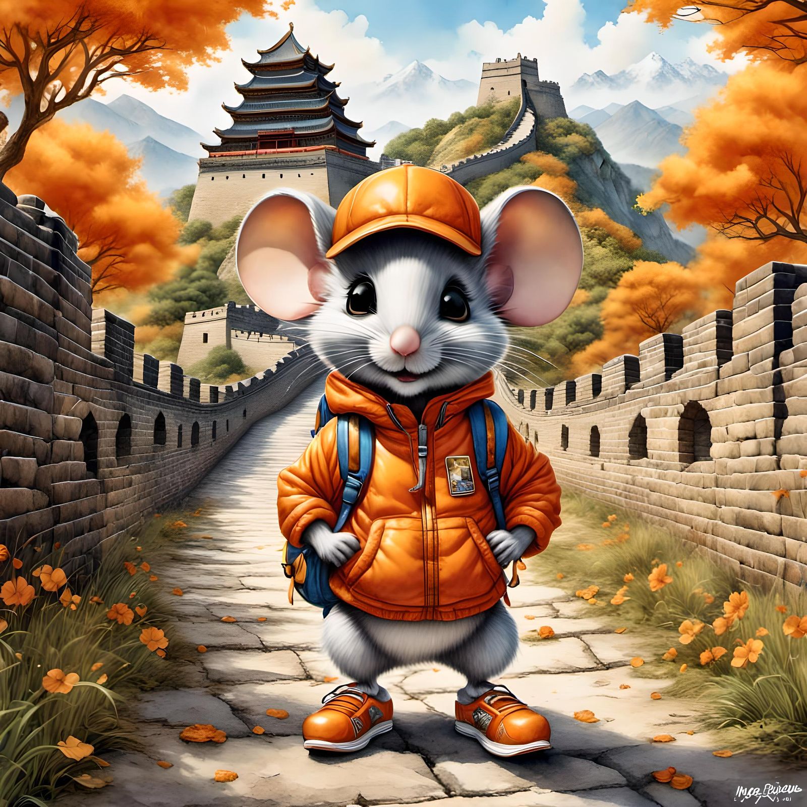Adventurer Mouse at Great Wall, Pixar Cartoon Style