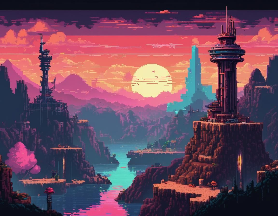 Pixel Art Spaceship Flies Towards Sunset