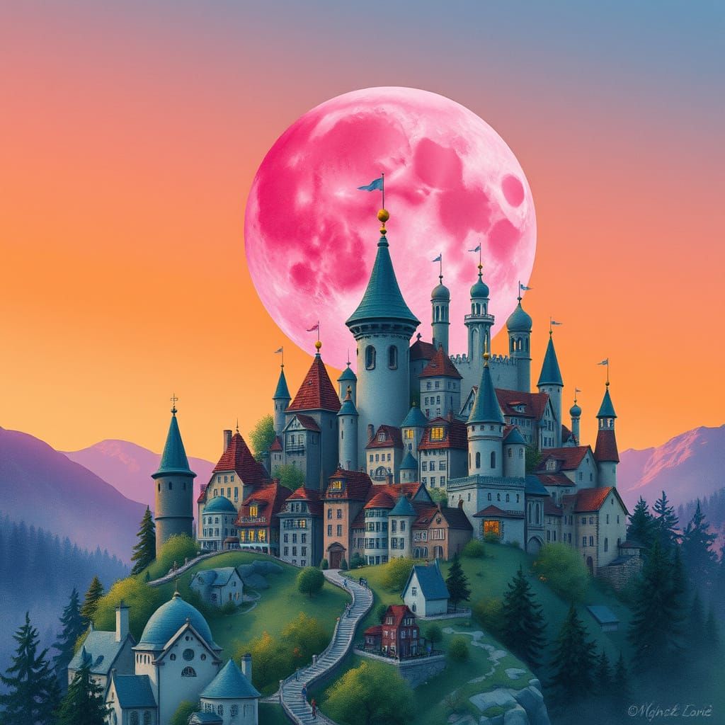 Whimsical City by Vibrant Pink Moon in Dreamlike Twilight