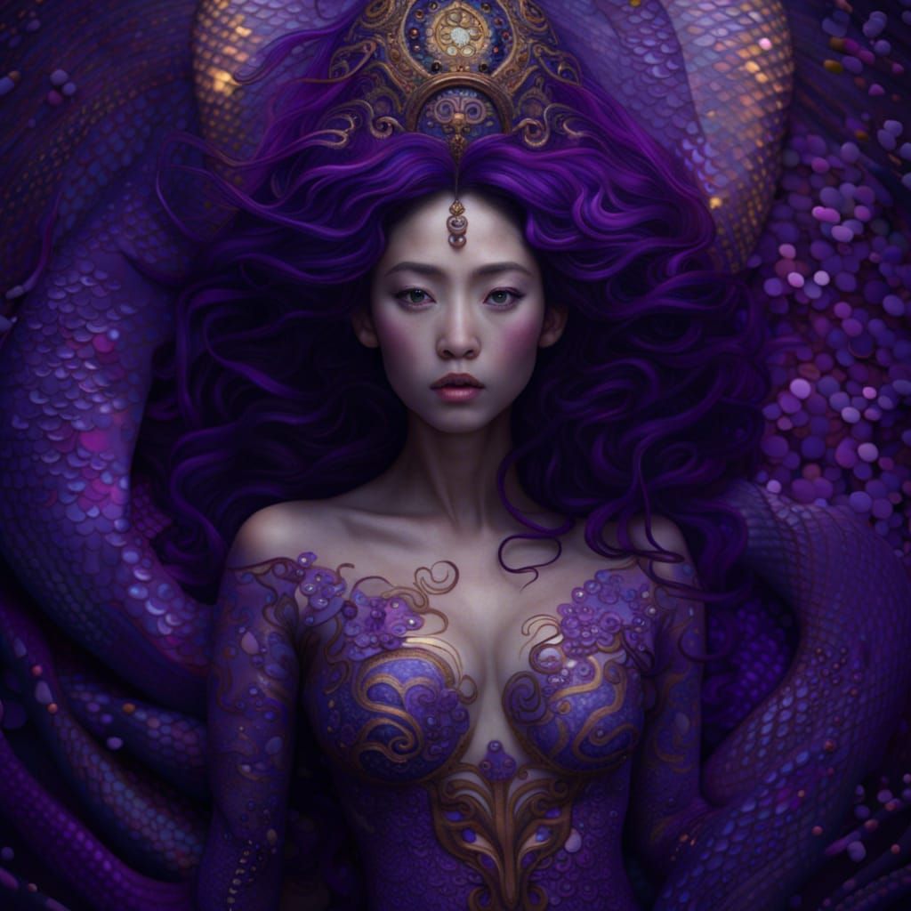 Violet Asian Mermaid in Klimt Style