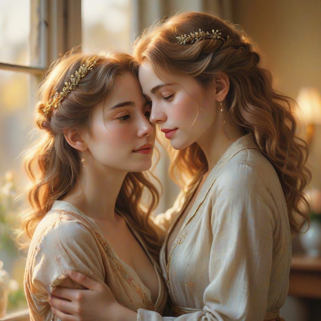 Elegant Women Embracing in Warm Golden Light