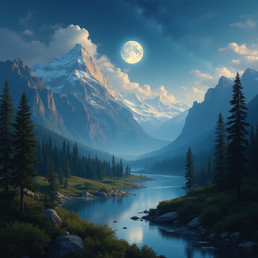 Moonlit Mountains in a Dreamy Landscape