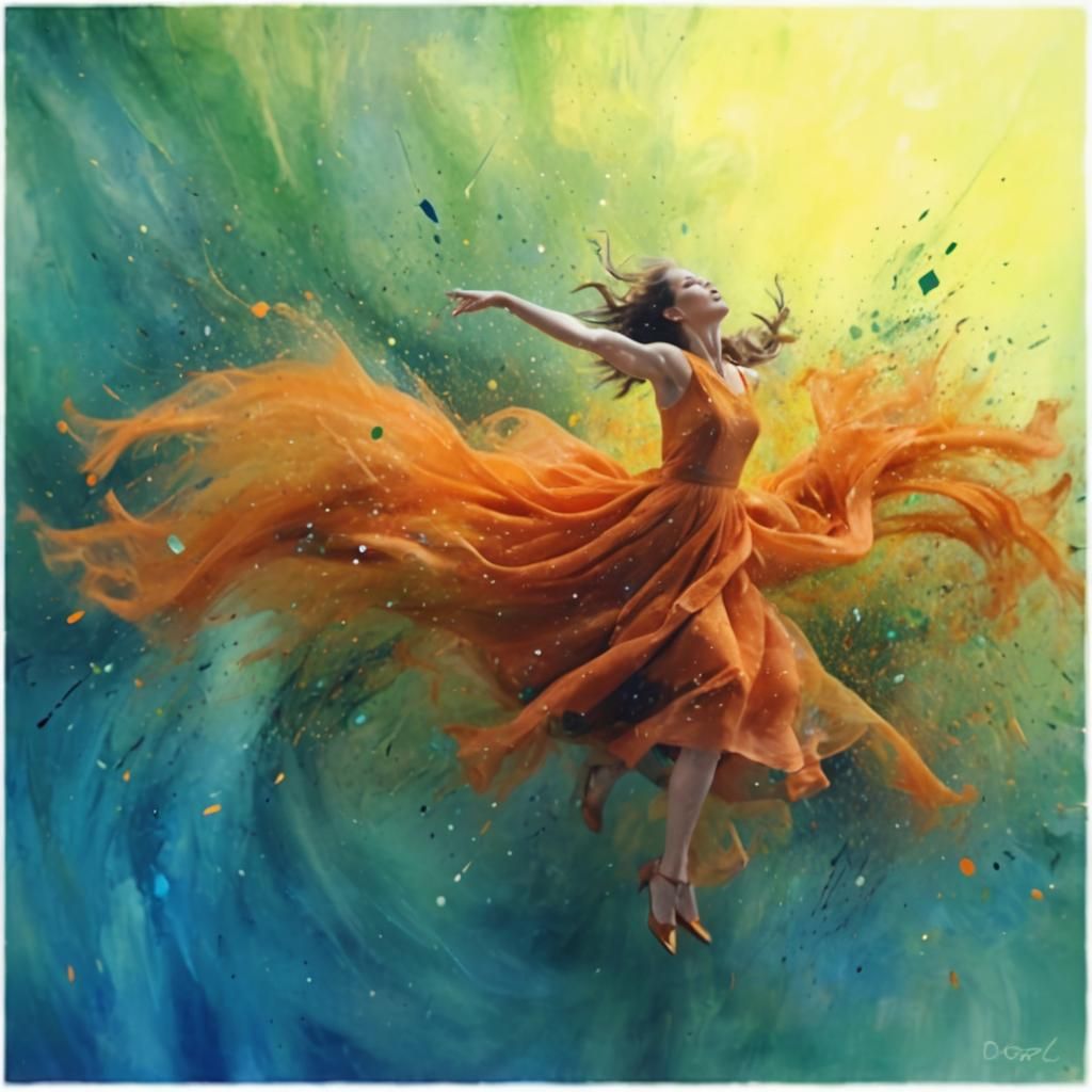 Woman in Orange Dress Whirlwind: Abstract Expressionism
