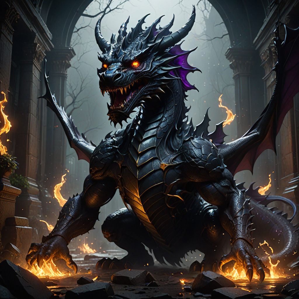 Dark Fantasy Obsidian Dragon with Fiery Gem Eyes