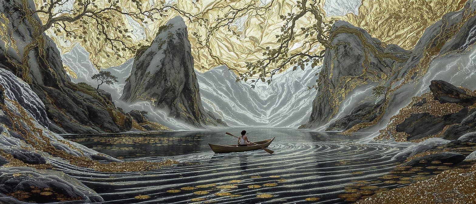 Woman Rowing Between Mountains in Tinfoil Art