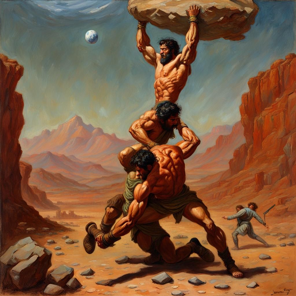 Hercules Lifts Antaeus on Mars: Oil Painting