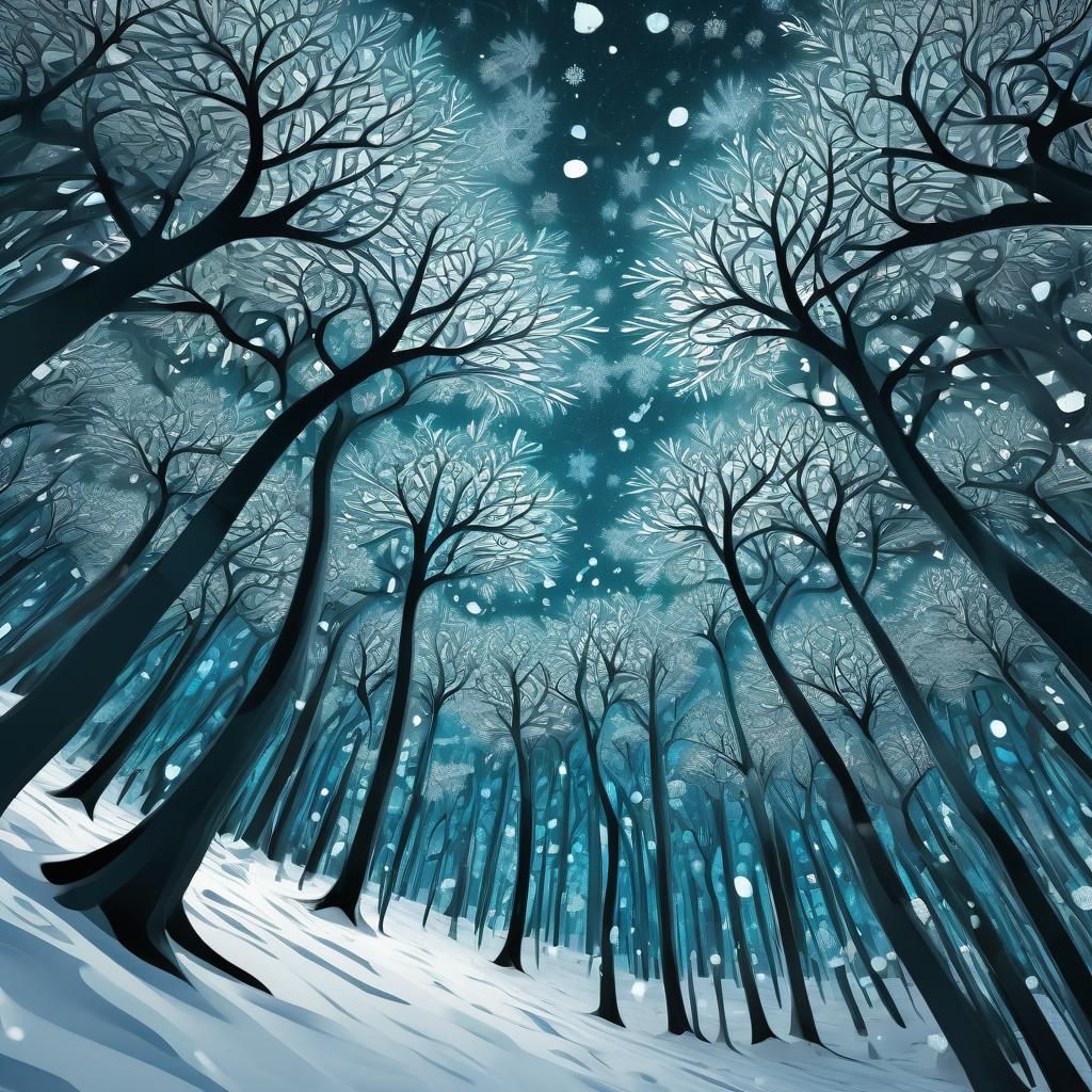 Mystical Fractal Snow Forest in Abstract Vector Art