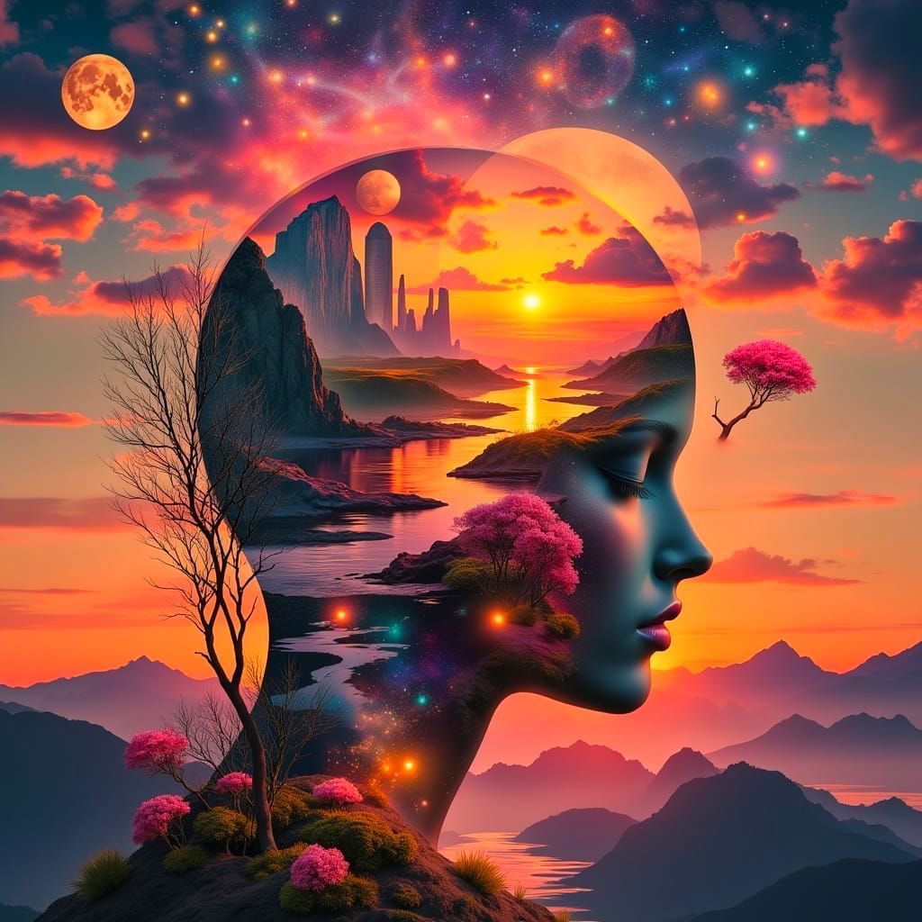 Surreal Cosmic Landscape with Human Head Silhouette