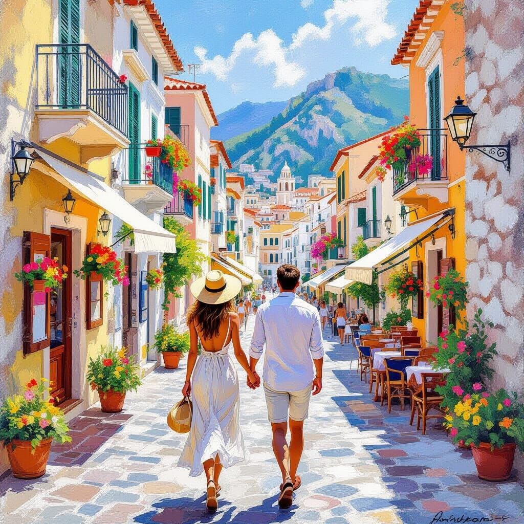 Couple Stroll in Amalfi Italy, Impressionist Style