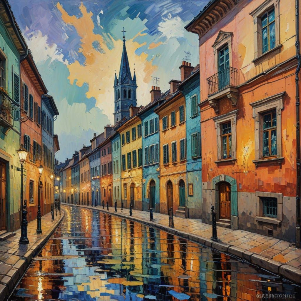 Neo-Impressionist City Street Scene with Sequins and Express...