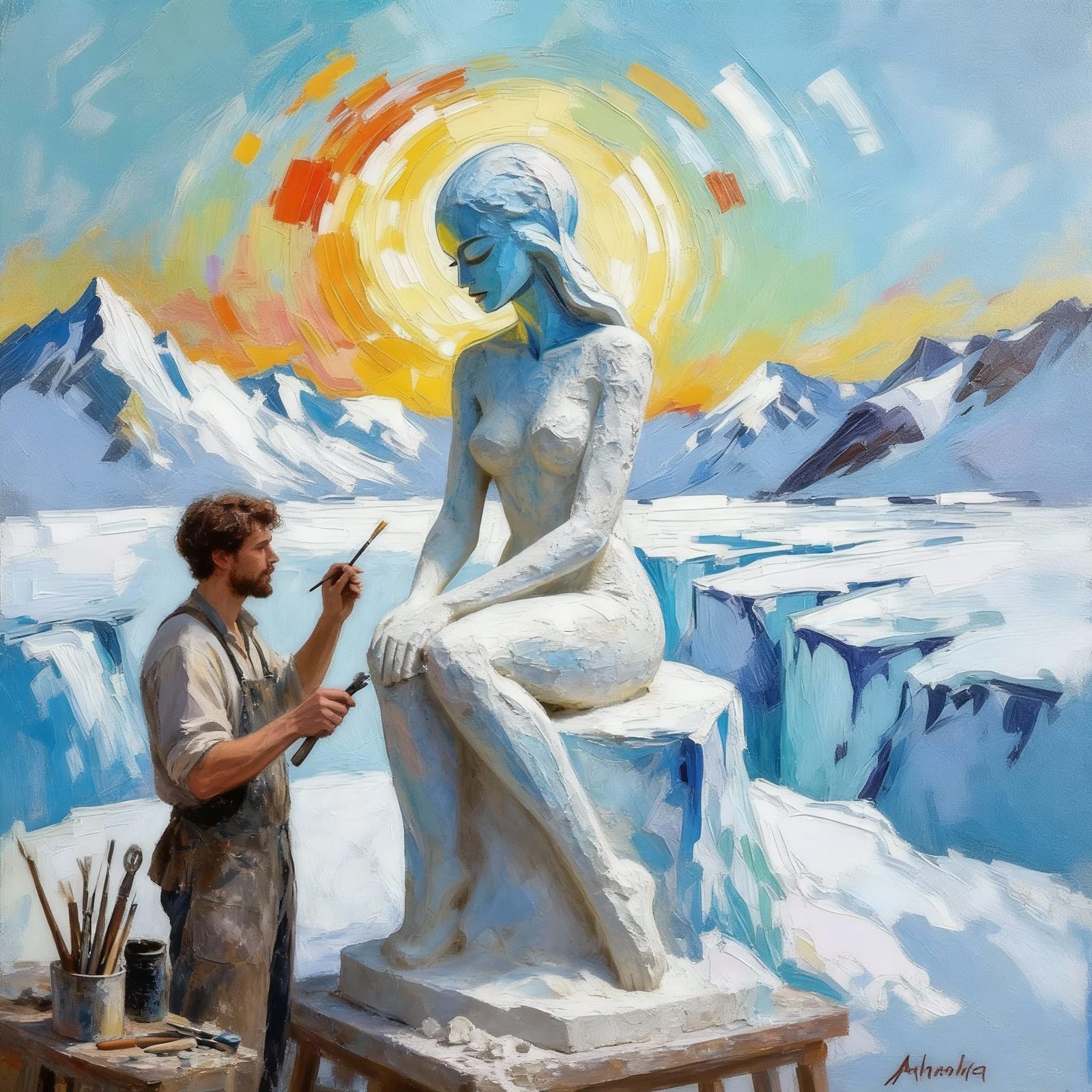 Sculptor Carving Alien Monument on Glacier