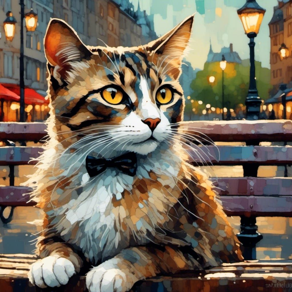 Cat with Luminous Eyes on Park Bench in Art Brut Style