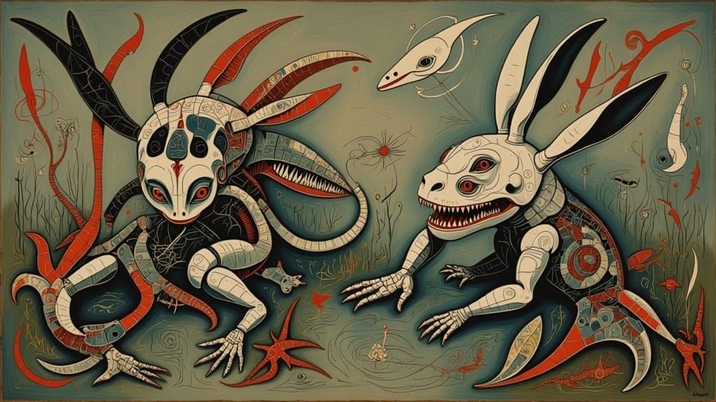 Robotic Alien Rabbits Lounging in Pond